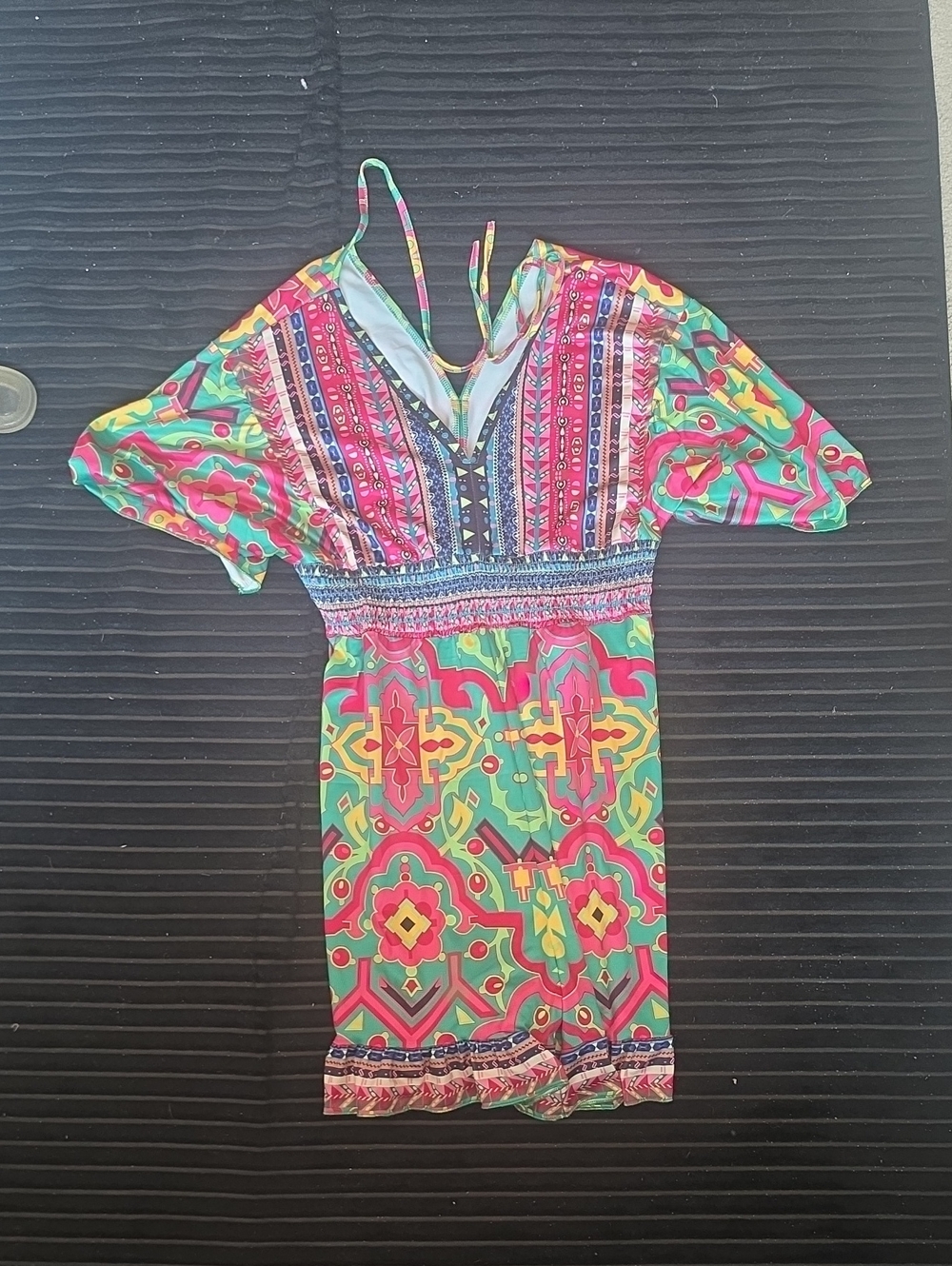 Colorful Patterned V-Neck Women’s Dress - Green & Pink